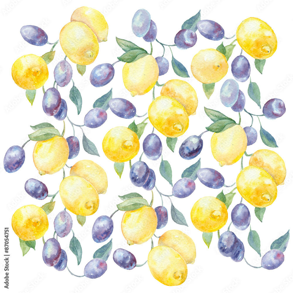 Fototapeta premium Watercolor decorative pattern lemons and plums