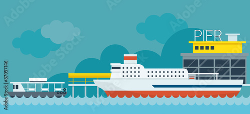 Fotografija Ferry Boat Pier Flat Design Illustration Icons Objects