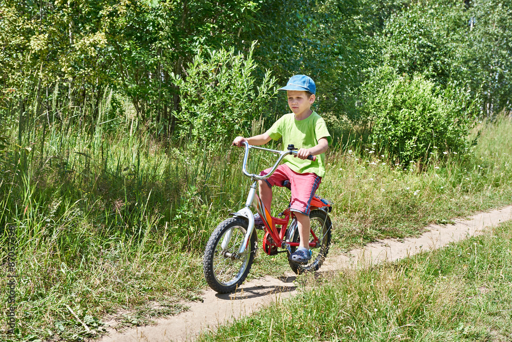 Little boy on bike ride at country road