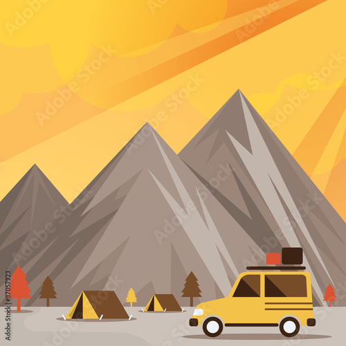 Four Wheel Drive Off Road Car and Camp with Mountain Background