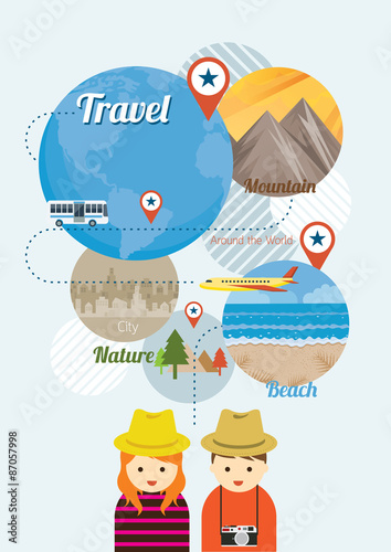 Couple Tourist with Traveling Icons Worldwide