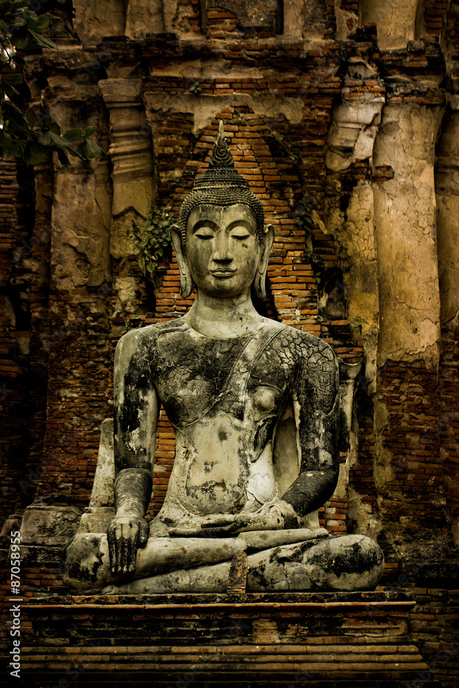 400 years old of Thai traditional statue Buddha in Thailand , Ayutthaya Province.