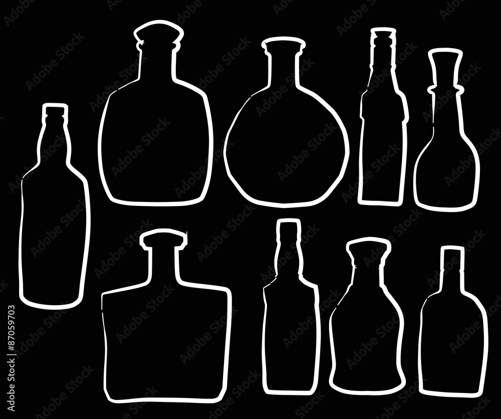 nine bottle sketches isolated on black nine bottle sketches isolated on black