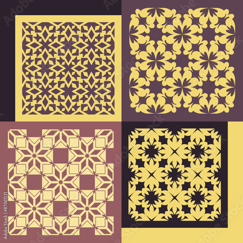 Set of four seamless patterns. Vintage geometric ornaments.