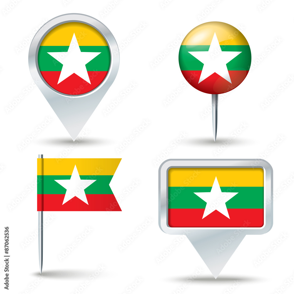 Map pins with flag of Burma Map pins with flag of Burma