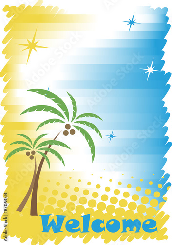Sunny tropic seacoast with golden sand,blue water and palms
