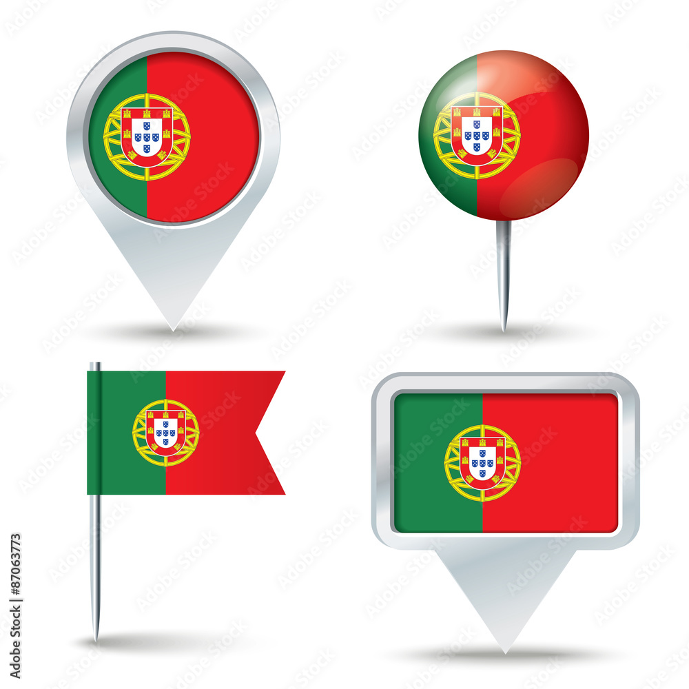 Map pins with flag of Portugal