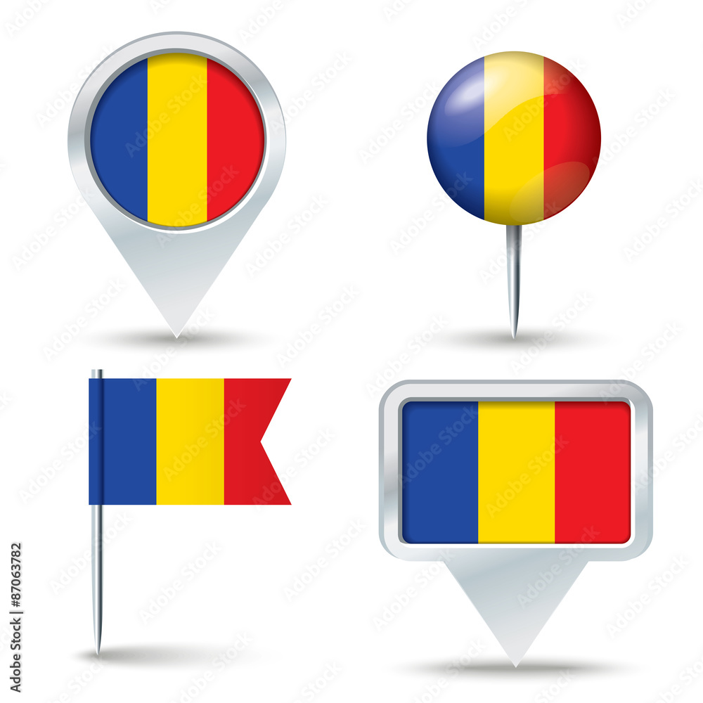 Fototapeta premium Map pins with flag of Romania