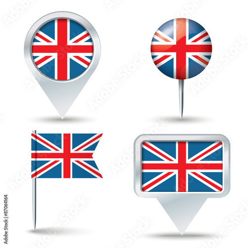 Map pins with flag of United Kingdom