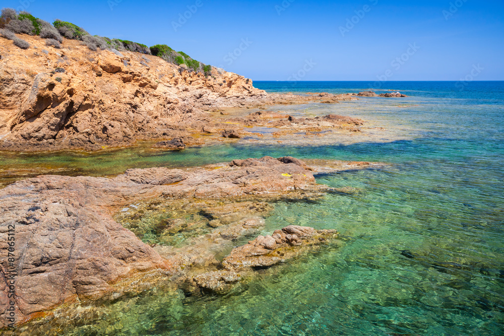 Coastal landscape with rocky wild beach, Corsica