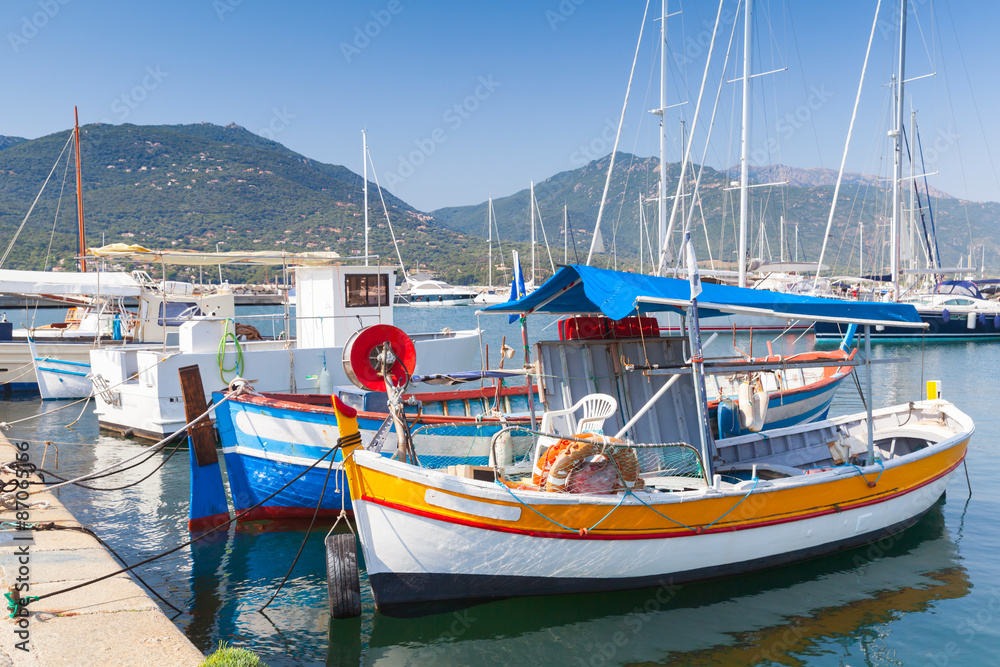 Colorful wooden fishing boats, South Corsica