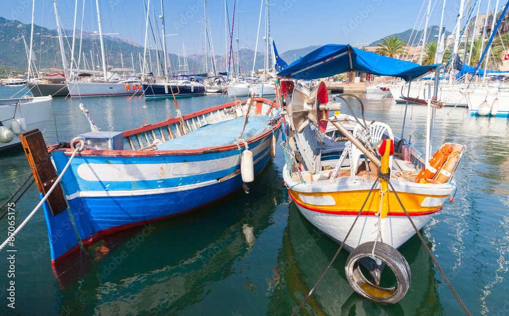 Colorful wooden fishing boats, Corsica island