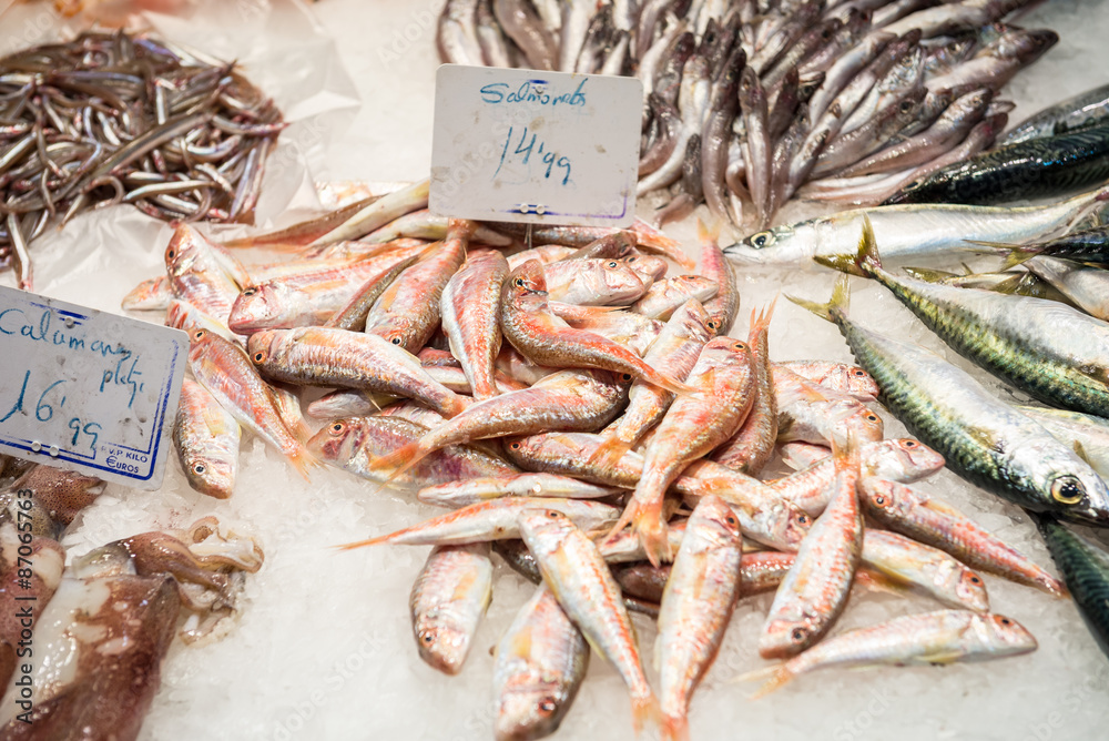 seafood at Mercat de Sant Josep de la Boqueria market in Barcelona, Spain