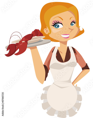 Nice cartoon waitress with apron serving lobster