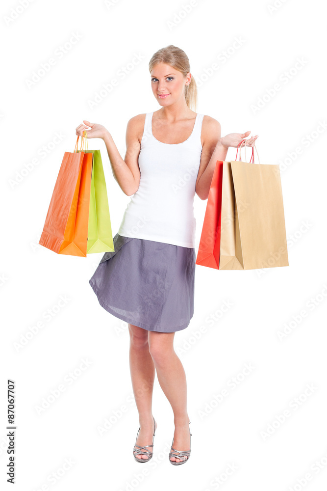 Woman with shopping bags, isolated on white