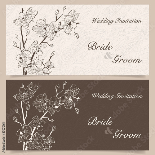 Set of wedding invitation cards with orchid flower, vector illustration