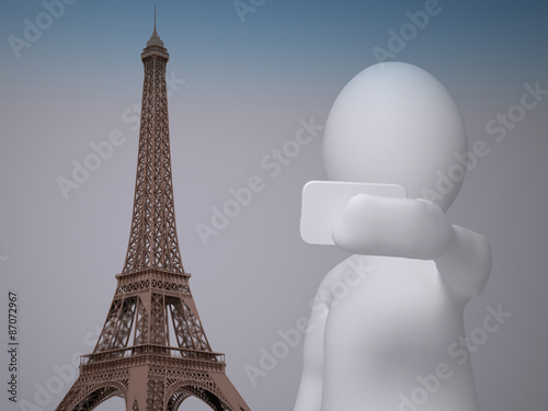 3d abstract human, white man taking selfie in front of Eiffel tower in Paris photo