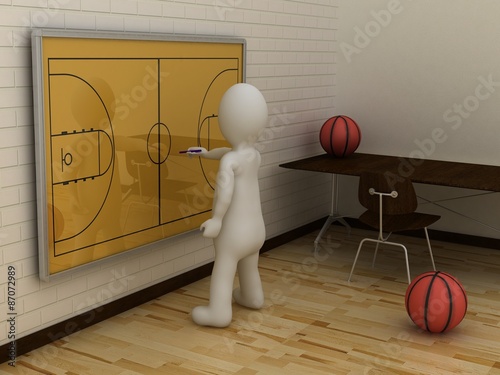 3d abstract human, white man writing on basketball tactic board