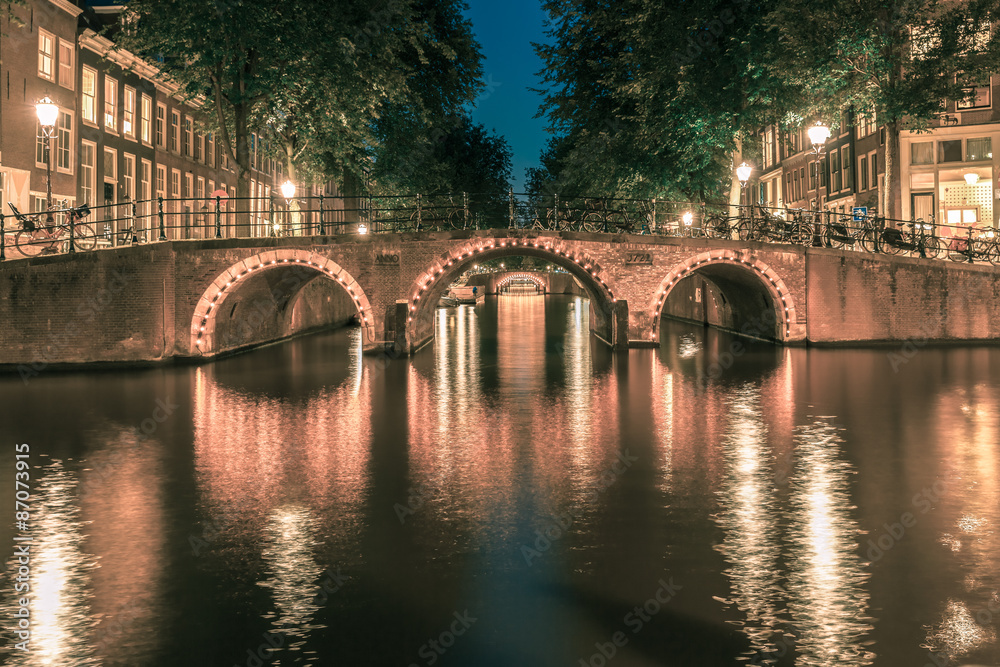 Night Amsterdam canals and seven bridges
