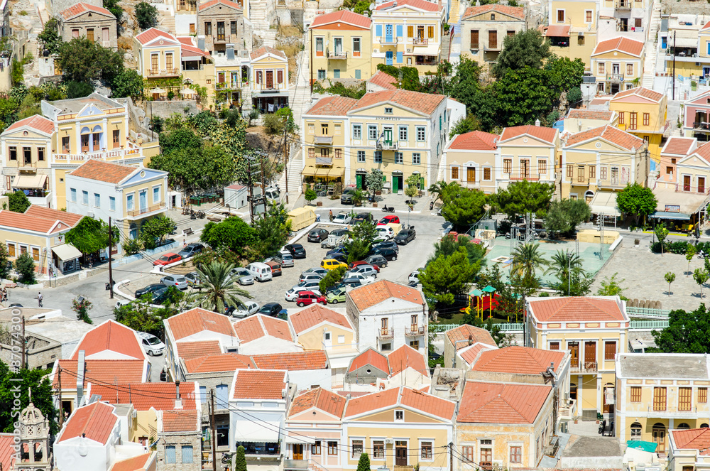 Parking and houses of Symi Island
