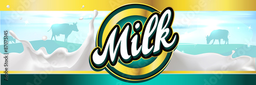 milk label design banner with milk splash, landscape and cow - vector