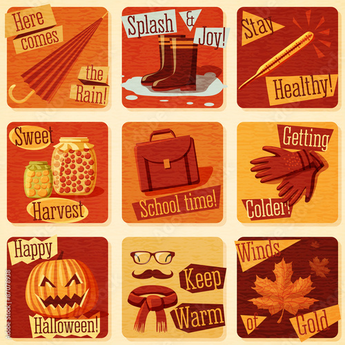 Collection of cute retro stylized autumn illustrations with fall
