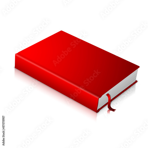 Realistic red blank hardcover book with bookmark.  Vector