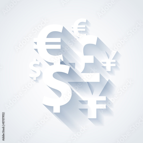 Currencies symbols paper white background. photo