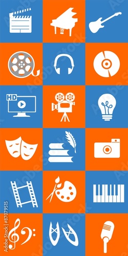  set of icons dedicated to arts: painting, music, literature, ballet, theater and cinema. 