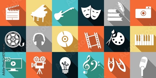 set of icons dedicated to arts: painting, music, literature, ballet, theater and cinema.