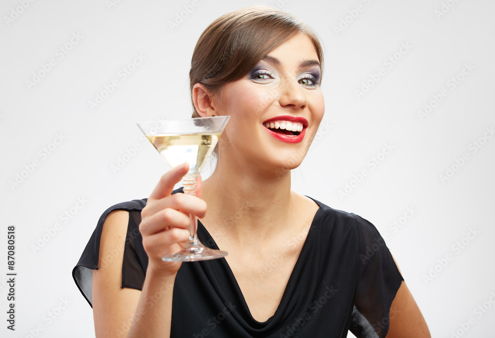Portrait of smiling woman holding glass with drink. Portrait of smiling woman holding glass with drink.