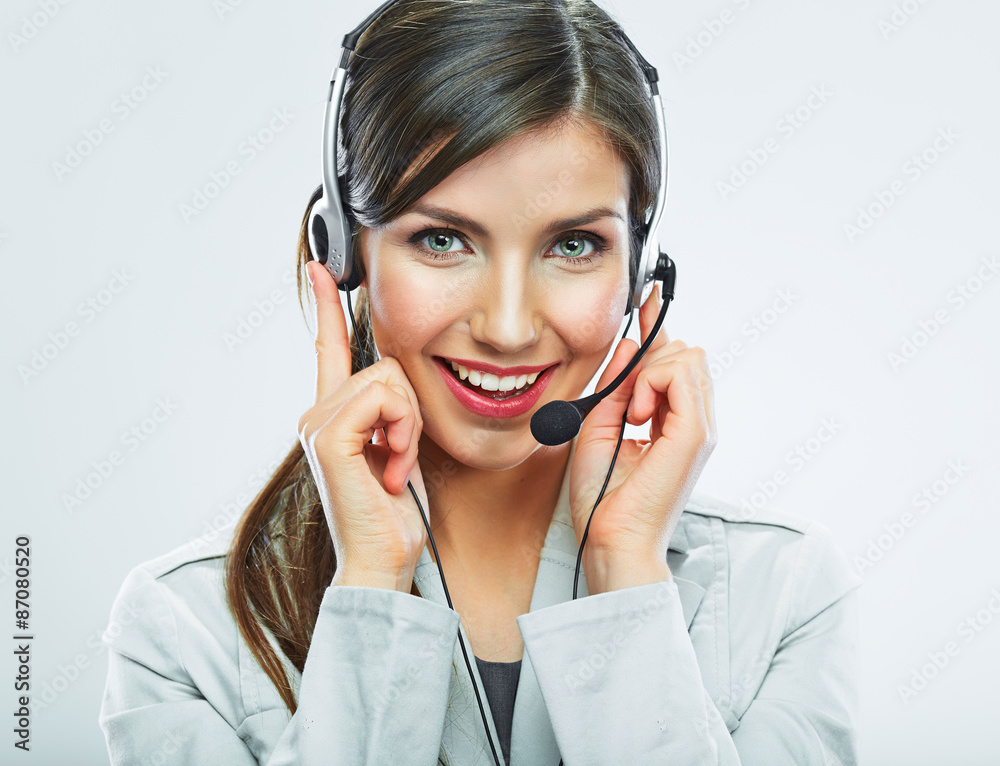 Portrait of woman customer service worker, call center smiling Portrait of woman customer service worker, call center smiling