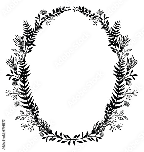 Card with frame of flowers and ferns, black silhouette
