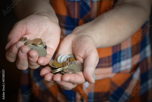Hands holding russian coins. Selective focus.