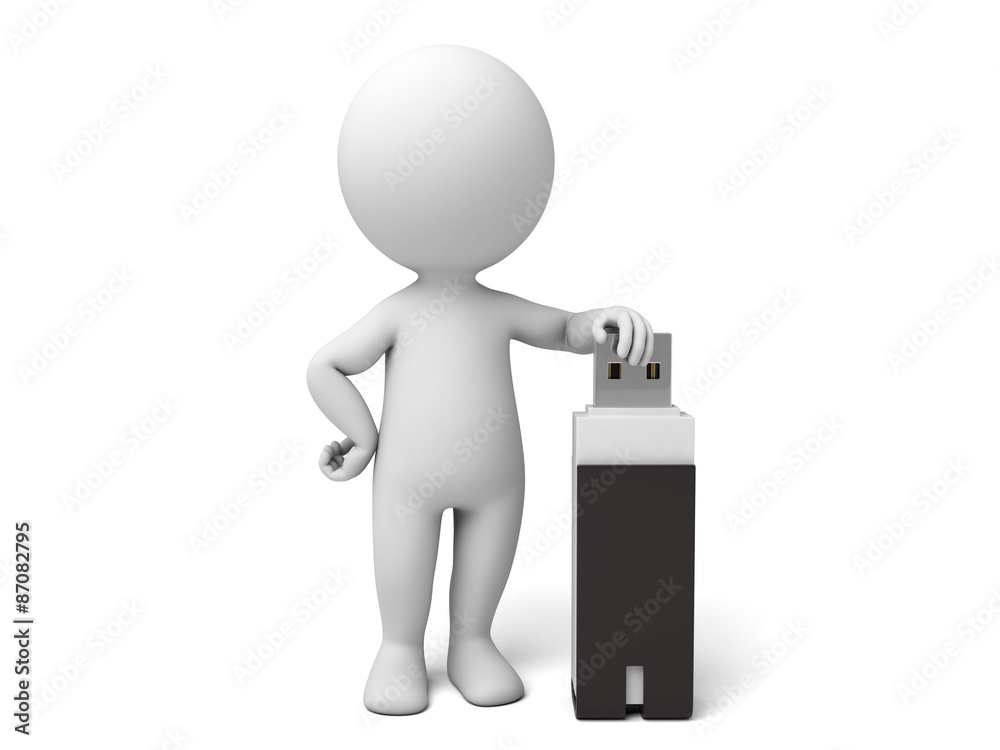 3d people with a USB flash drive. 3d image. Isolated white background. 3d people with a USB flash drive. 3d image. Isolated white background.
