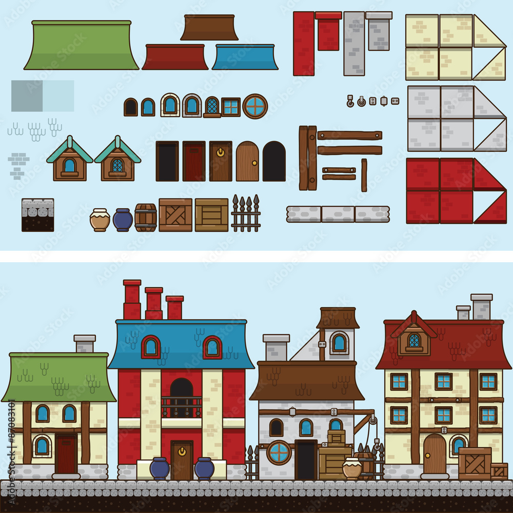 Fototapeta premium Vector flat illustration and sprite for game. Old houses