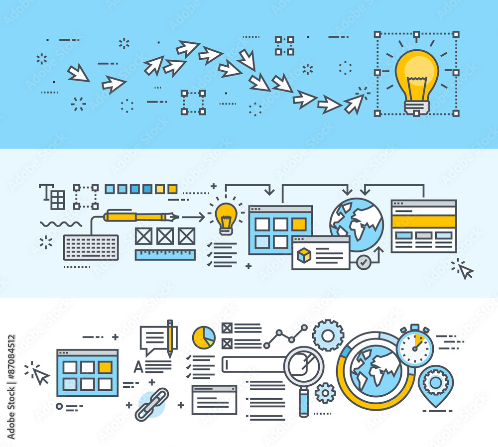 Set of thin line flat design concept banners for creative process, big idea, website and app design and development, SEO. Modern vector illustrations for website banners and promotional materials.