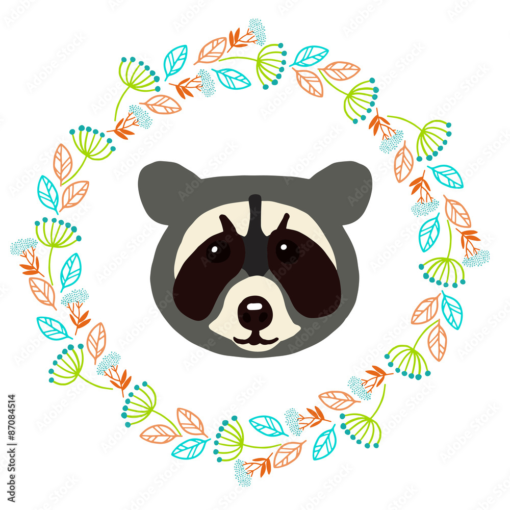 Naklejka premium Cute vector card with a raccoon in a flower frame