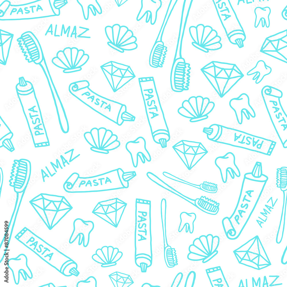 vector seamless tooth pattern with diamond, brush and shell