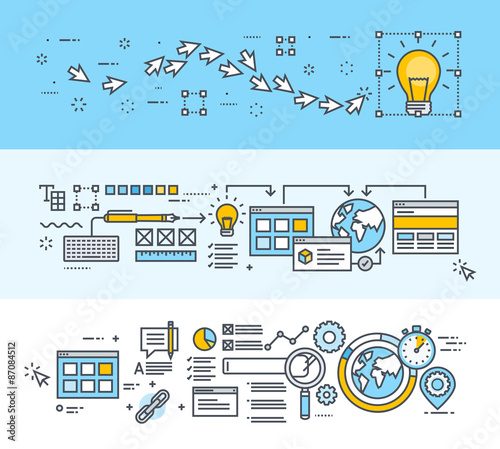 Set of thin line flat design concept banners for creative process, big idea, website and app design and development, SEO. Modern vector illustrations for website banners and promotional materials.