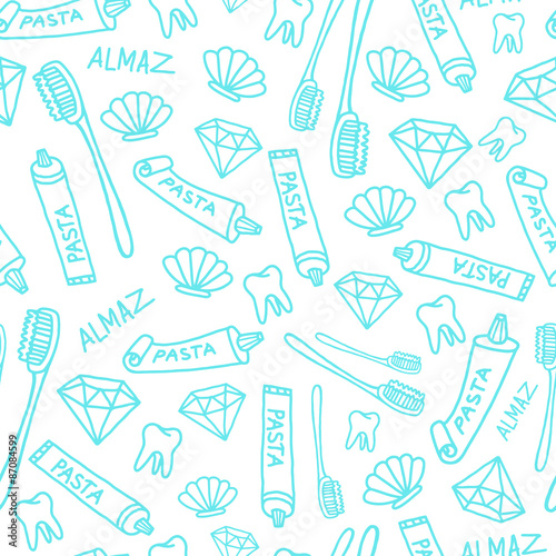 vector seamless tooth pattern with diamond, brush and shell