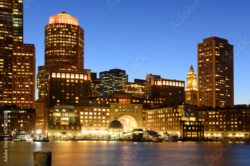 Boston Custom House  Rowes Wharf and Financial District skyline at night  Boston  Massachusetts