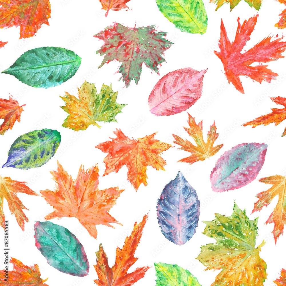 Obraz premium Seamless pattern with bright autumn leaves painted in watercolor on a white background