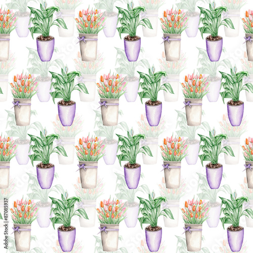 Seamless pattern of the duobly tulips in a bucket and spathiphyllum painted in watercolor on a white background