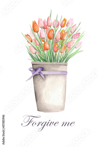 Floral watercolor postcard with tulips in a bucket on a white background, decoration postcard or invitation for wedding, celebration, holiday