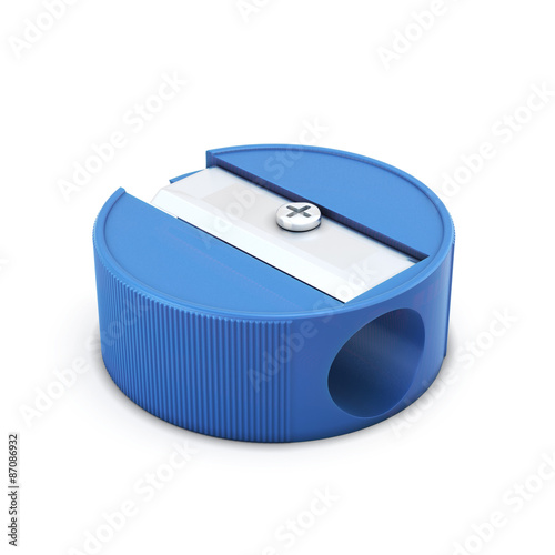 Blue pencil sharpener on a white photo