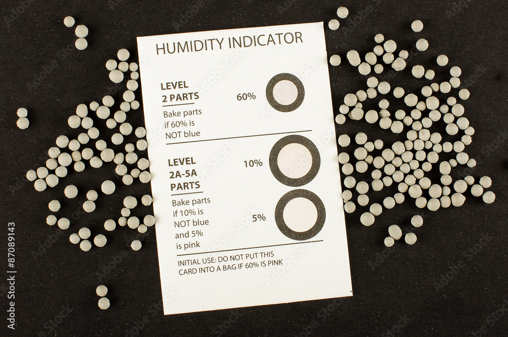 Humidity indicator card and humidity absorber desiccant balls isolated