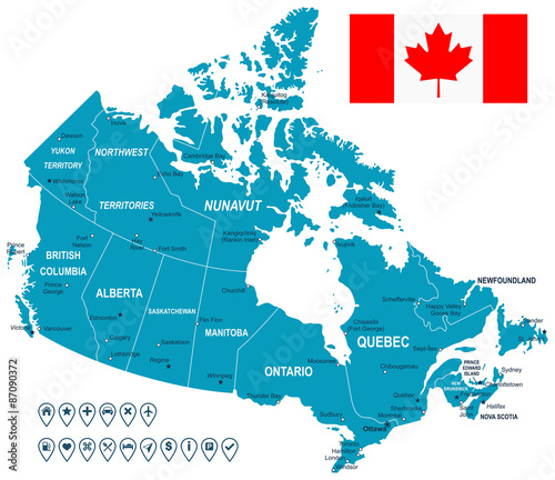 Canada map, flag and navigation labels.highly detailed vector illustration. Image contains land contours, country and land names, city names, flag, navigation icons.
