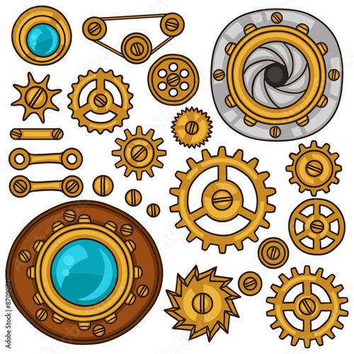 Set of steampunk gears, screws and cogwheels in doodle style