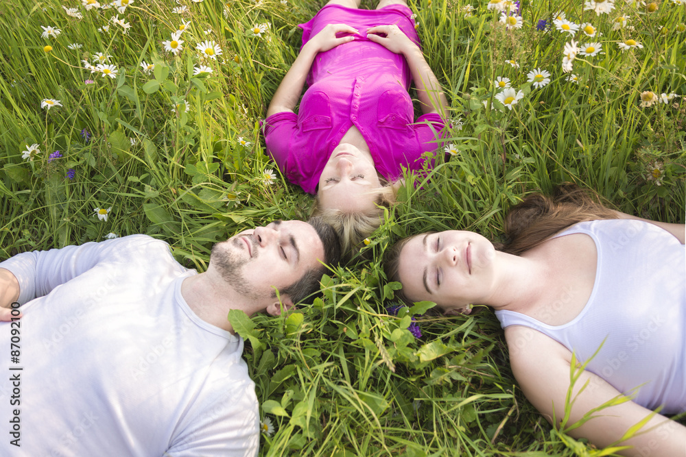 happy friends spending free time together in a field happy friends spending free time together in a field